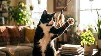 Playful black and white cat reaching for a feather wand toy in a cozy sunlit living room with green plants and warm decor.