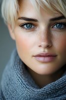 Close-up portrait of young Caucasian woman with platinum blonde hair, blue eyes, natural freckles and pink lips wearing gray knit scarf, soft natural makeup look.