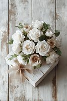 Elegant bouquet of white and beige roses with green leaves on rustic wooden box tied with ribbon, against weathered wood background.
