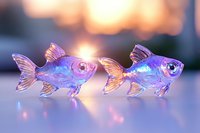 Iridescent glass fish figurines with holographic shine catching light against blurred sunset background, creating magical decorative display.