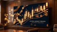 Professional trading display showing golden candlestick charts and market trends on large screen in modern office environment for financial analysis.