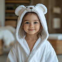 Adorable young girl wearing white fluffy bear hood bathrobe smiling at camera in cozy home interior for children fashion and comfort concepts.