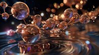 Glowing copper spheres floating above rippling liquid surface with bokeh light effects create magical atmosphere for luxury product advertising background.