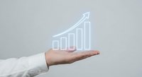 Business professional hand presenting holographic growth chart with upward arrow showing financial success and data analytics for corporate presentations.