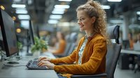 Young Caucasian businesswoman in orange sweater working at computer in modern open office space, smiling while typing on keyboard at workplace.