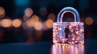 Digital security padlock with glowing lights and bokeh background representing cybersecurity, data protection and online safety concepts for business.