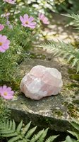 Raw rose quartz crystal on a mossy stone surface surrounded by pink cosmos flowers and ferns in a soft natural garden setting.