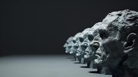 Ancient stone busts arranged in diminishing perspective line against dark background, creating dramatic shadows and depth. Artistic heritage concept.