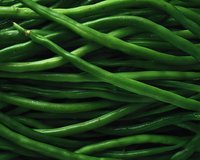 Fresh green string beans arranged in parallel lines creating natural pattern, close-up view showing texture and vibrant color of raw vegetables.