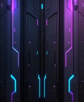 Futuristic dark metal wall with glowing neon purple and blue light strips, technological pattern design for sci-fi backgrounds and gaming interfaces.