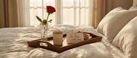 Romantic breakfast in bed with red rose, coffee cup and handwritten note on wooden tray. Cozy bedroom morning scene with soft natural lighting and white linens.