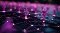 Digital wireframe figures walking on futuristic network grid with glowing purple connections and bokeh lights for technology presentations.