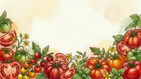 Ripe tomatoes with green leaves and yellow flowers arranged on cream background, isolated for culinary design, recipe blogs, and food packaging projects.