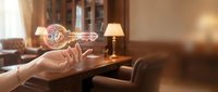 Caucasian woman holding glowing digital key with circuit board pattern in modern living room interior, representing cybersecurity, digital access, and smart home technology solutions.