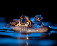 Close-up view of alligator eye and snout partially submerged in dark blue water at night, showing detailed texture of reptilian skin and piercing amber eye.