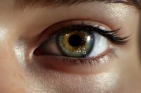 Close-up macro shot of hazel brown eye with long eyelashes and natural makeup showing intricate iris detail and reflection in bright lighting.