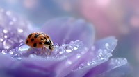 Ladybug walking on purple flower petal covered in morning dew drops against soft pastel background, creating magical macro nature photography effect.