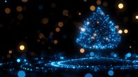 Magical glowing blue tree on dark background with sparkling light trail and golden bokeh effects creates mystical night atmosphere.