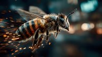 Honeybee in flight with sparks and motion blur against dark background. Dynamic insect photography with dramatic lighting effects and bokeh.