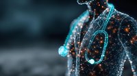 Digital healthcare professional with glowing network connections and stethoscope representing modern medical technology and telemedicine innovation.