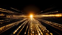 Golden light rays burst from central point creating dynamic speed motion effect with glowing particles and luminous streaks on black background for technology concepts.