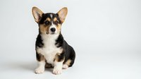 Adorable Pembroke Welsh Corgi puppy sitting on white background, isolated cute tricolor dog with perked ears ready for pet care designs.