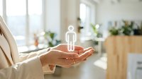 Female hands holding glowing human figure icon in modern office space representing HR management, employee care and business leadership concepts.