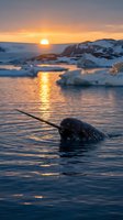 Narwhal swimming in icy Arctic waters at golden sunset with floating icebergs and snow-covered mountains in background. Wildlife and nature photography.