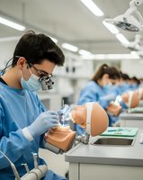 Male dental student practicing on mannequin head in modern training laboratory with surgical loupes and protective equipment for medical education.