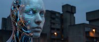 Futuristic humanoid robot with glowing blue eyes and metallic components against urban cityscape background at dusk for sci-fi technology concepts.