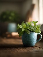 Fresh mint leaves in blue ceramic mug on rustic wooden table with soft natural light, creating cozy kitchen atmosphere.