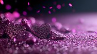 Sparkling pink glitter hearts on dark background with bokeh effect and scattered particles, romantic Valentine's Day concept for greeting cards and decorations.