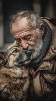 Elderly homeless man with gray beard embracing loyal mixed breed dog companion showing unconditional love and friendship between human and pet outdoors.