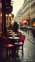 Atmospheric evening at French sidewalk cafe with empty chairs and tables, soft bokeh lights, and vintage burgundy bistro furniture creating nostalgic ambiance.