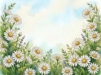 Watercolor floral frame with white daisies and wildflowers on soft blue-green background, copy space for text or greeting card design.