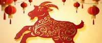Red paper cut goat silhouette with golden ornate patterns surrounded by hanging Chinese lanterns on warm background for lunar new year celebrations.