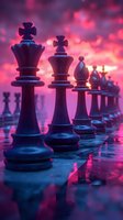 Chess pieces lined up on reflective surface with dramatic pink and purple bokeh lighting background creating mysterious atmospheric mood for strategy concepts.