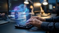 Professional working on laptop with holographic brain and neural network visualization representing artificial intelligence and machine learning technology.