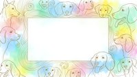 Colorful dog breeds frame with blank space for text. Rainbow gradient background with line art pet portraits for greeting cards, invitations, veterinary designs.