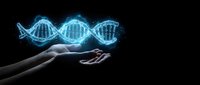 Glowing blue DNA double helix structure floating above open human hands against black background for biotechnology and genetic research concepts.