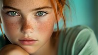 Young woman with natural freckles, red hair and striking blue eyes in soft green lighting shows natural beauty. Close-up portrait captures authentic features and gentle expression.