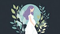 Young pregnant woman in white dress surrounded by gentle green foliage and mint circle background, artistic illustration in soft pastel colors.