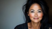Young Asian woman with radiant smile and natural makeup against dark background, professional headshot portrait with soft lighting and confident expression.