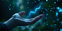 Mystical glowing energy stream floating above an open palm against dark background with bokeh lights and magical particles, concept of supernatural power.