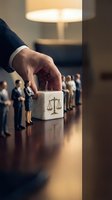 Businessman hand placing wooden cube with justice scales symbol near miniature people figures representing legal decision making and corporate governance.