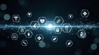 Digital healthcare technology network with medical icons and data connections on dark blue background for telemedicine applications.