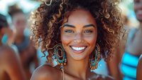 Young African American woman with natural curly hair and bright smile wearing turquoise earrings, glowing with happiness against blurred festive background.
