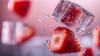 Fresh strawberry with splashing water drops and floating ice cube in dynamic composition against pink background, macro food photography.