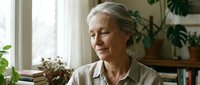 Senior woman with gray hair wearing beige linen shirt, smiling peacefully indoors surrounded by potted plants and natural window light, lifestyle portrait.