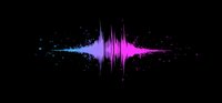Colorful sound wave visualization in pink and blue neon colors on black background with glowing particles and dynamic motion effect for music or audio projects.